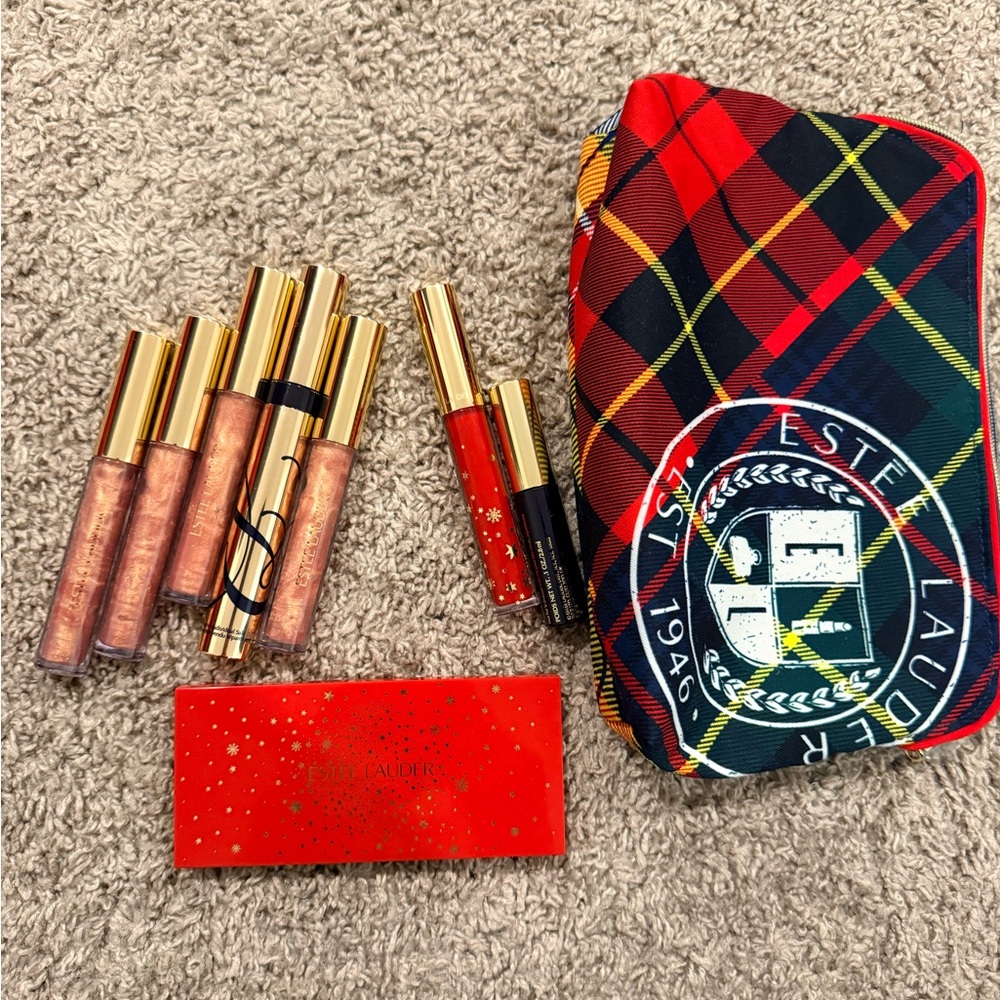 Estee Lauder Red and Gold Lip Gloss Set with Plaid Pouch